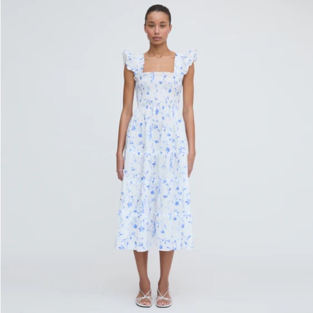Hill House White Midi Dress with Blue Floral Print